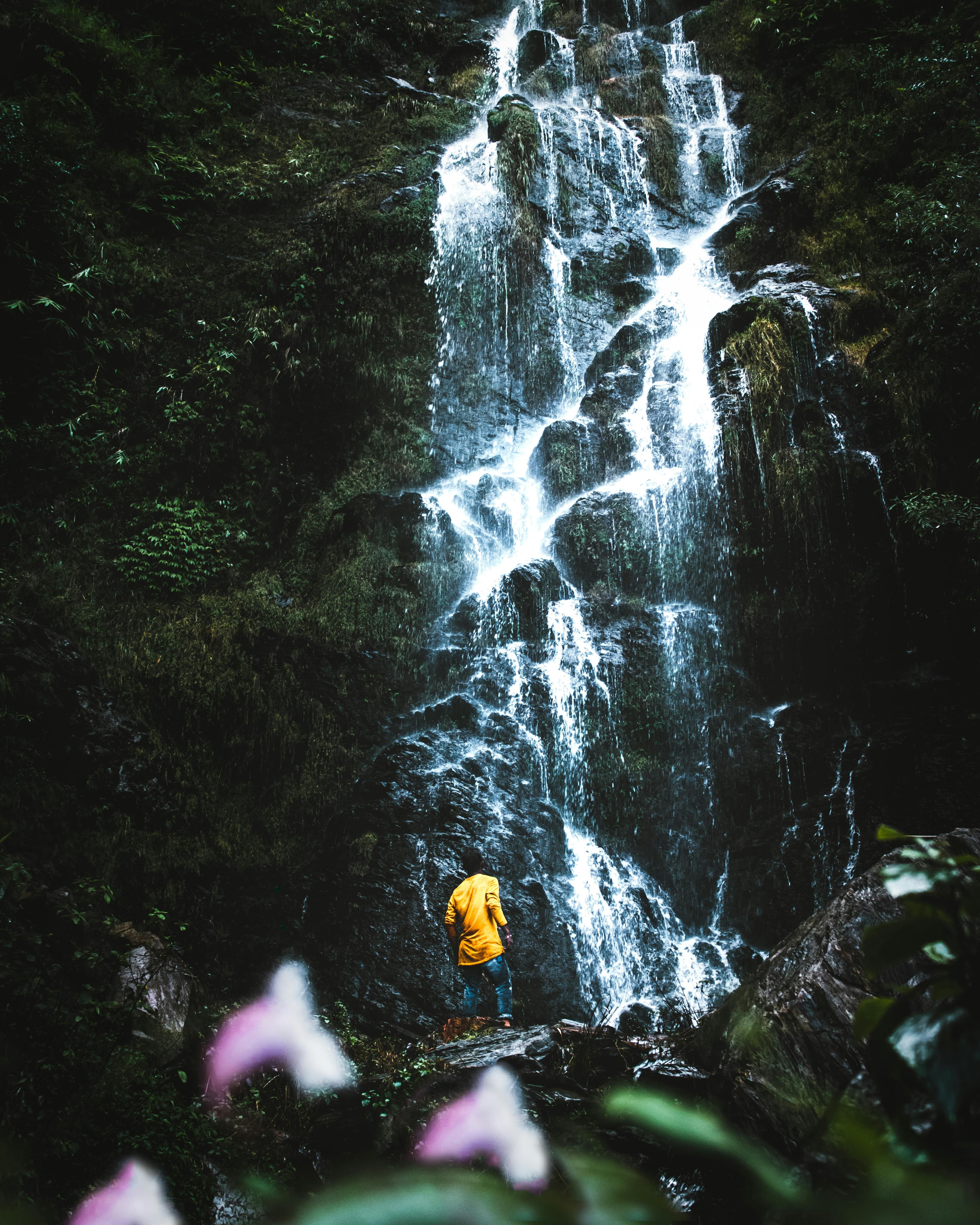 Dramatic waterfall in Doi Inthanon National Park with lush green jungle