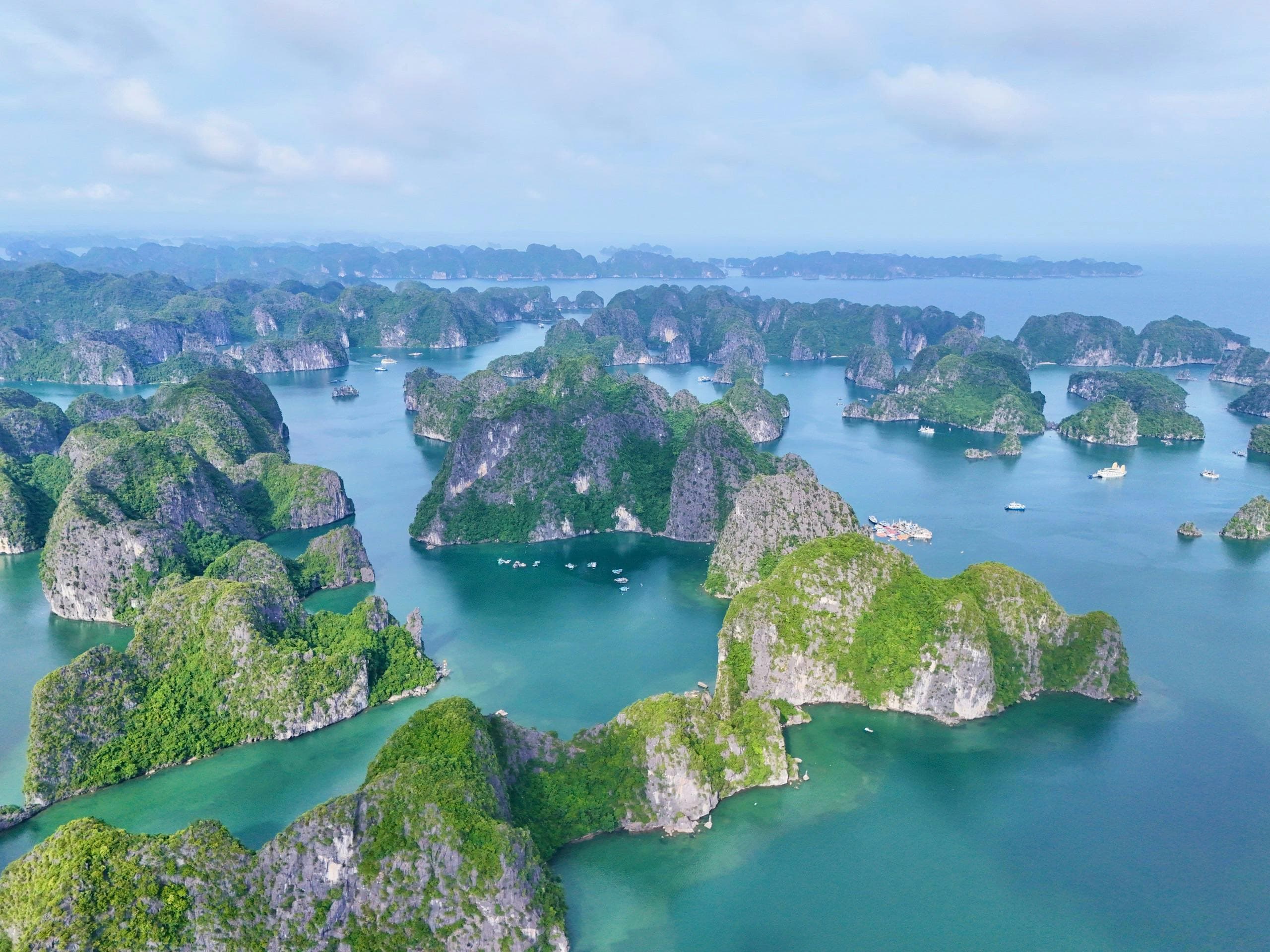 Ha Long Bay limestone karsts and traditional junk boats in Vietnam