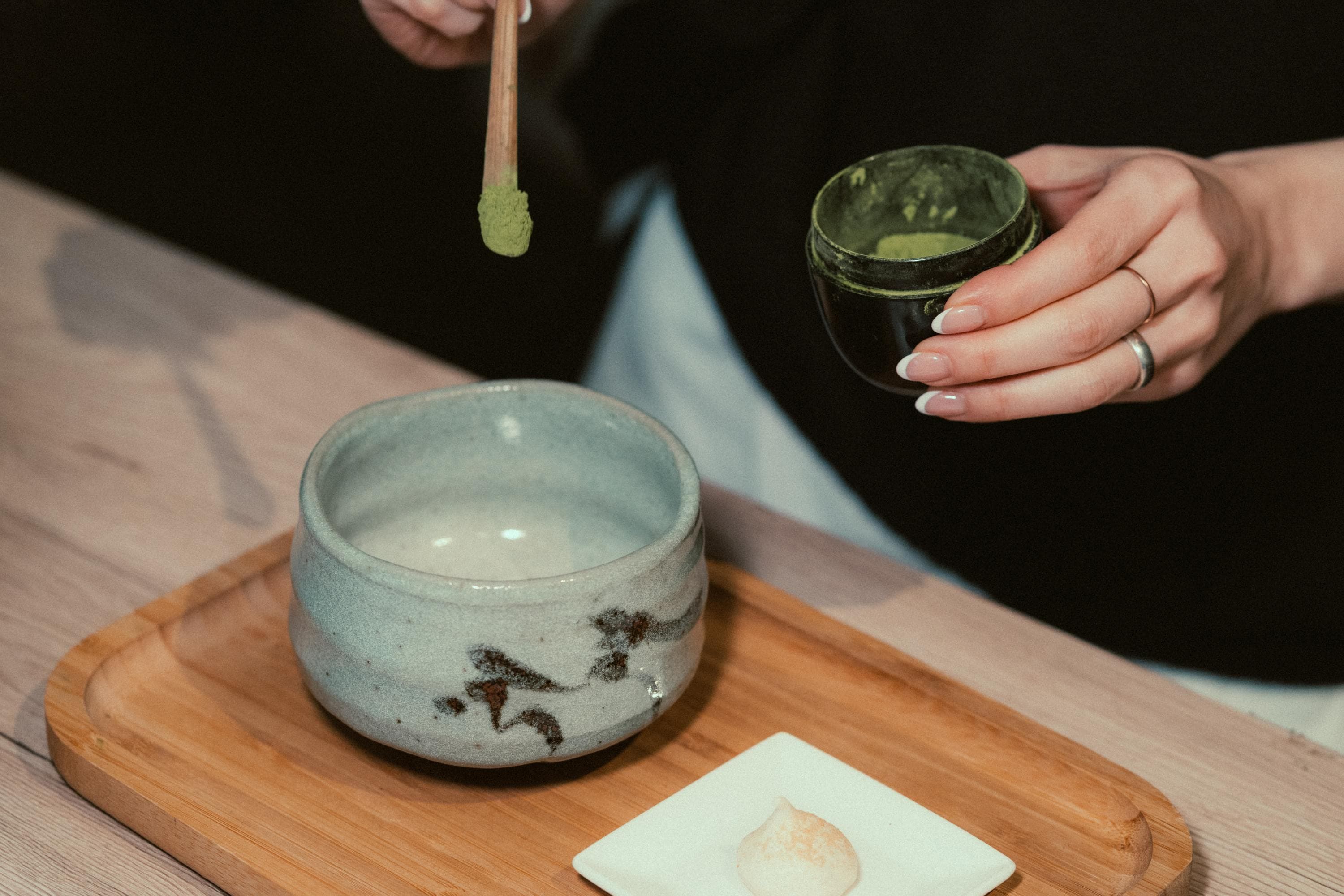 Traditional Japanese tea ceremony chado matcha bowl with wagashi sweet Kyoto