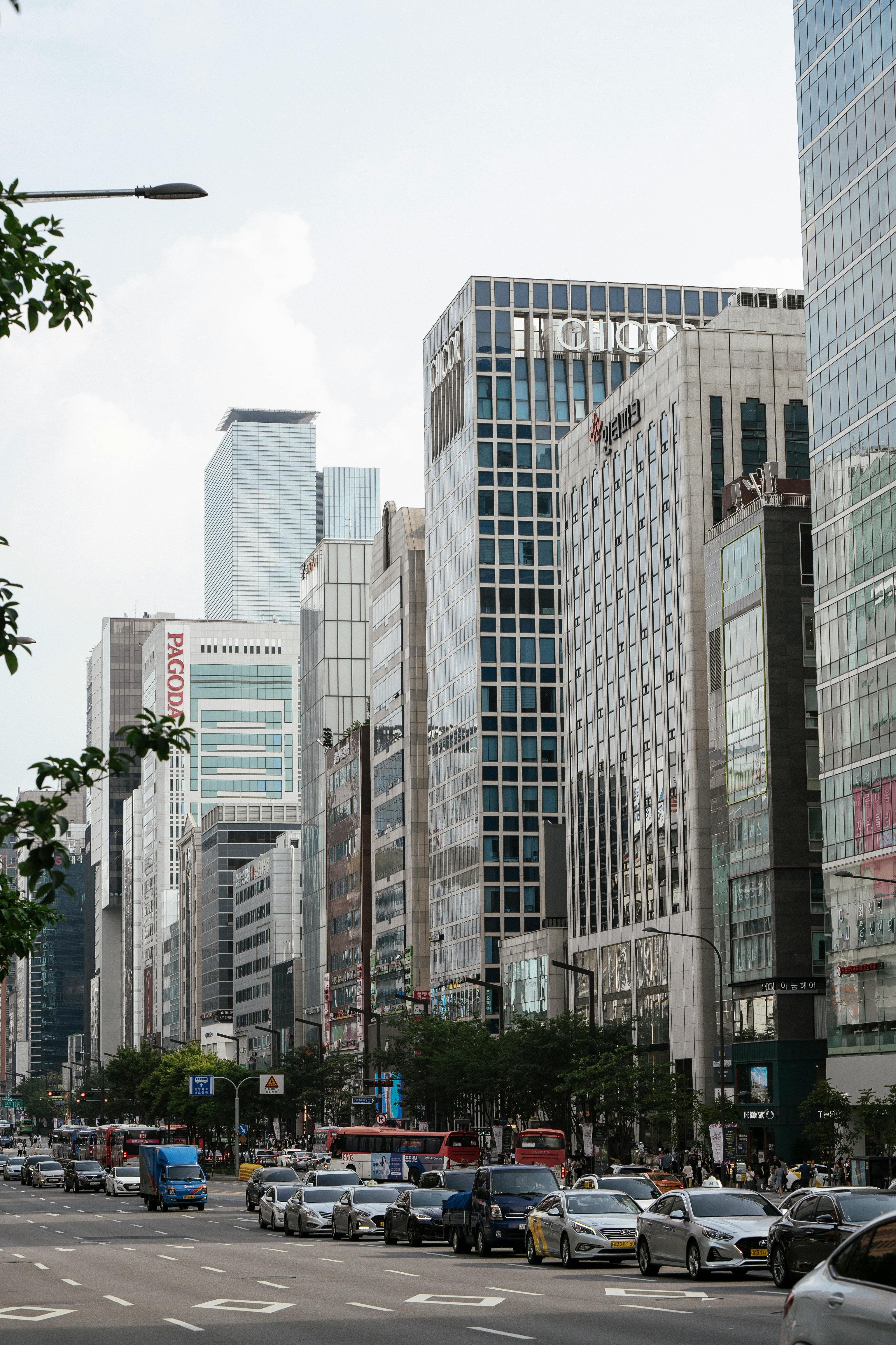 Gangnam district Seoul modern skyscrapers and corporate buildings on main avenue Gangnam-daero