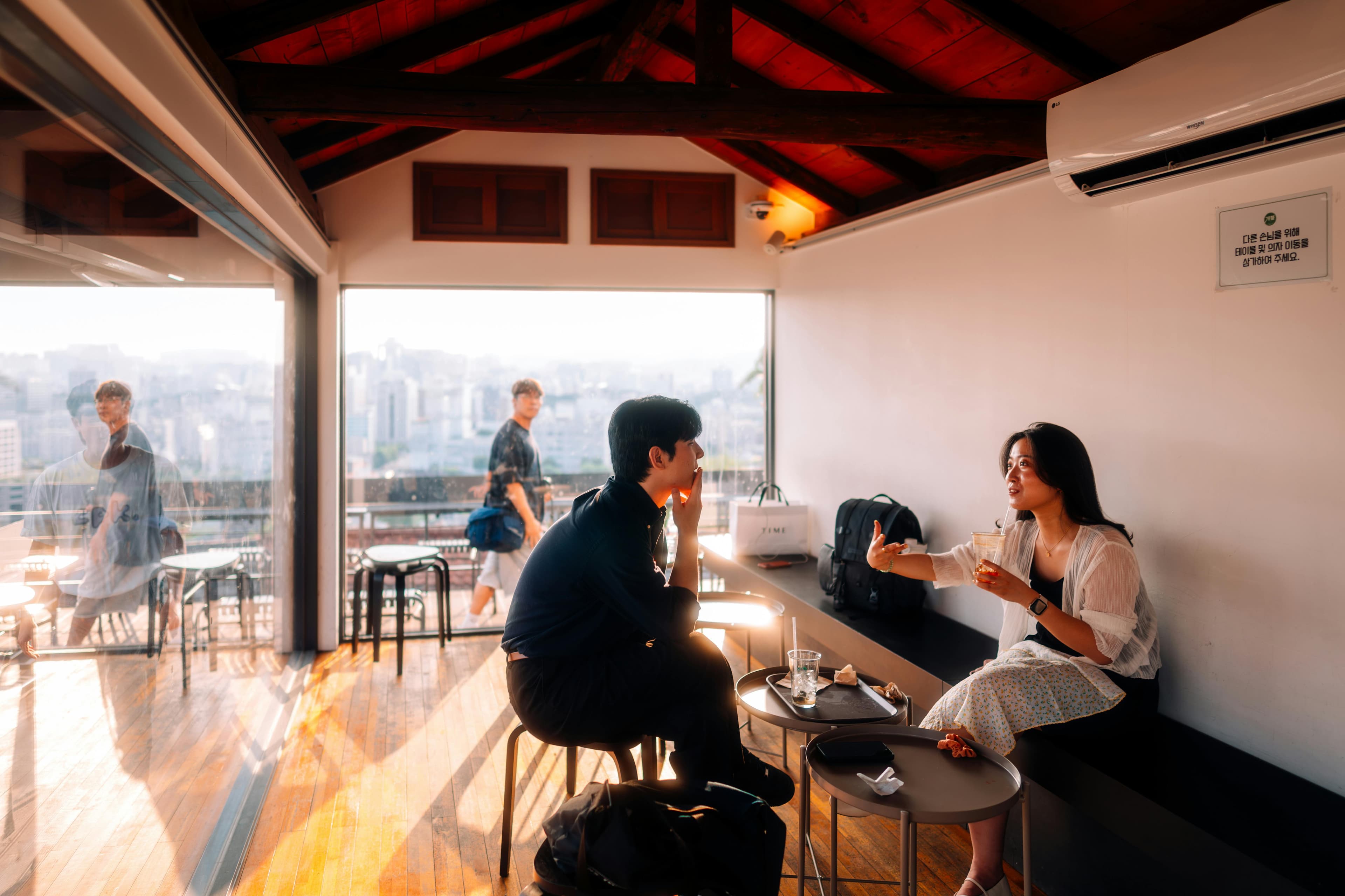 Hannam-dong rooftop café Seoul with wooden interior and panoramic city views Itaewon district