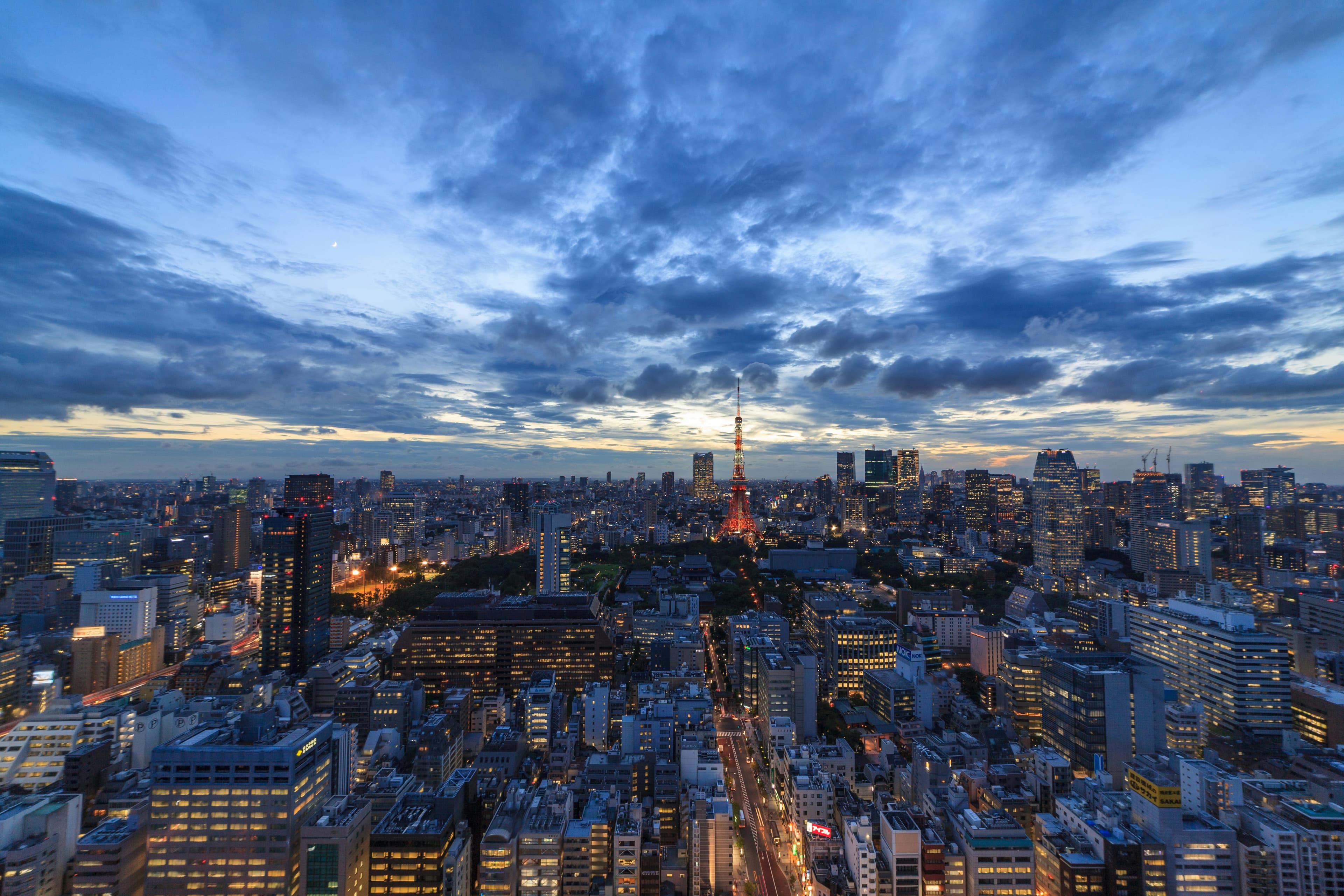 Tokyo skyline at dusk with Tokyo Tower illuminated against dramatic blue clouds over the city