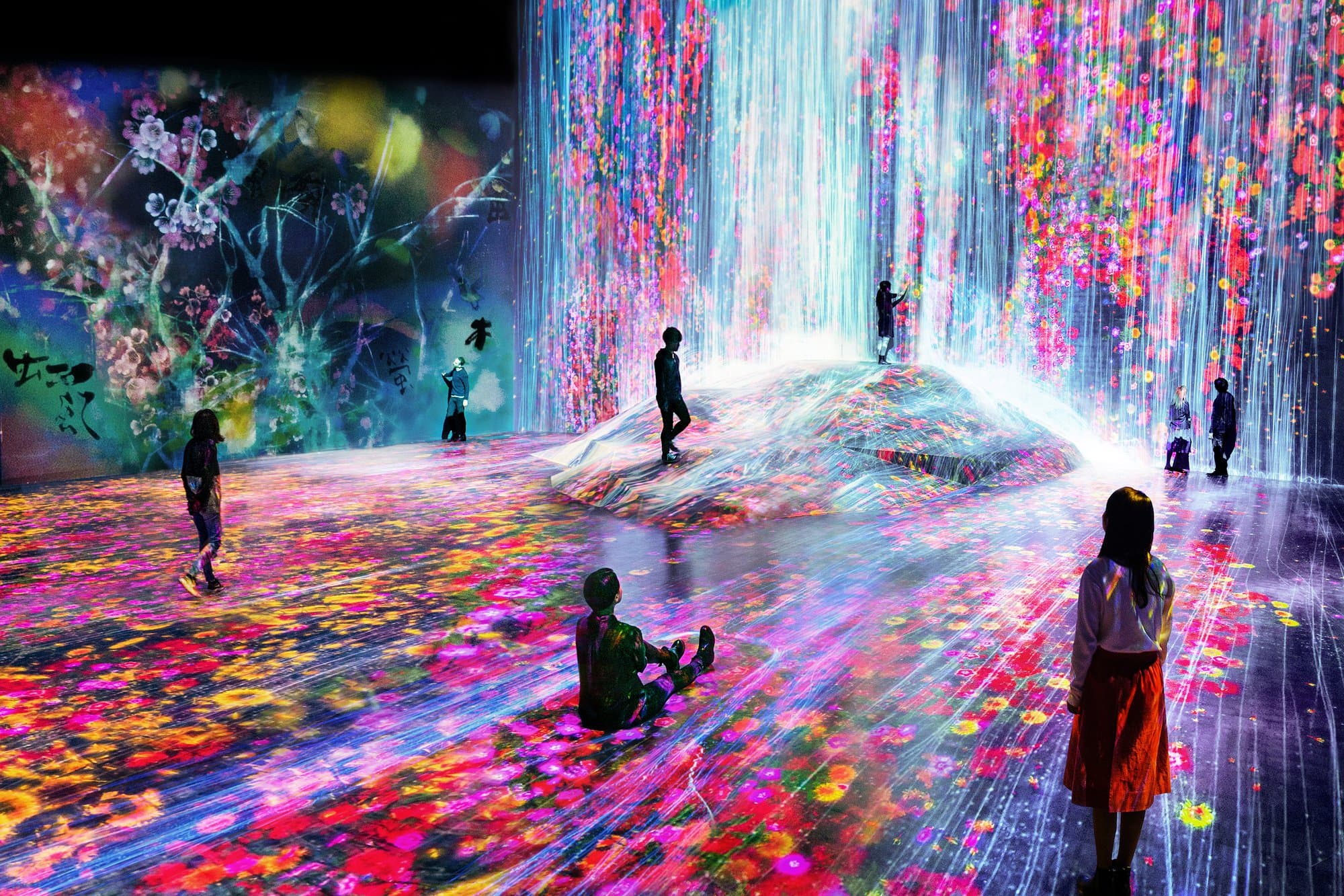 TeamLab Planets digital art installation with falling flowers projected on walls and floor in Tokyo