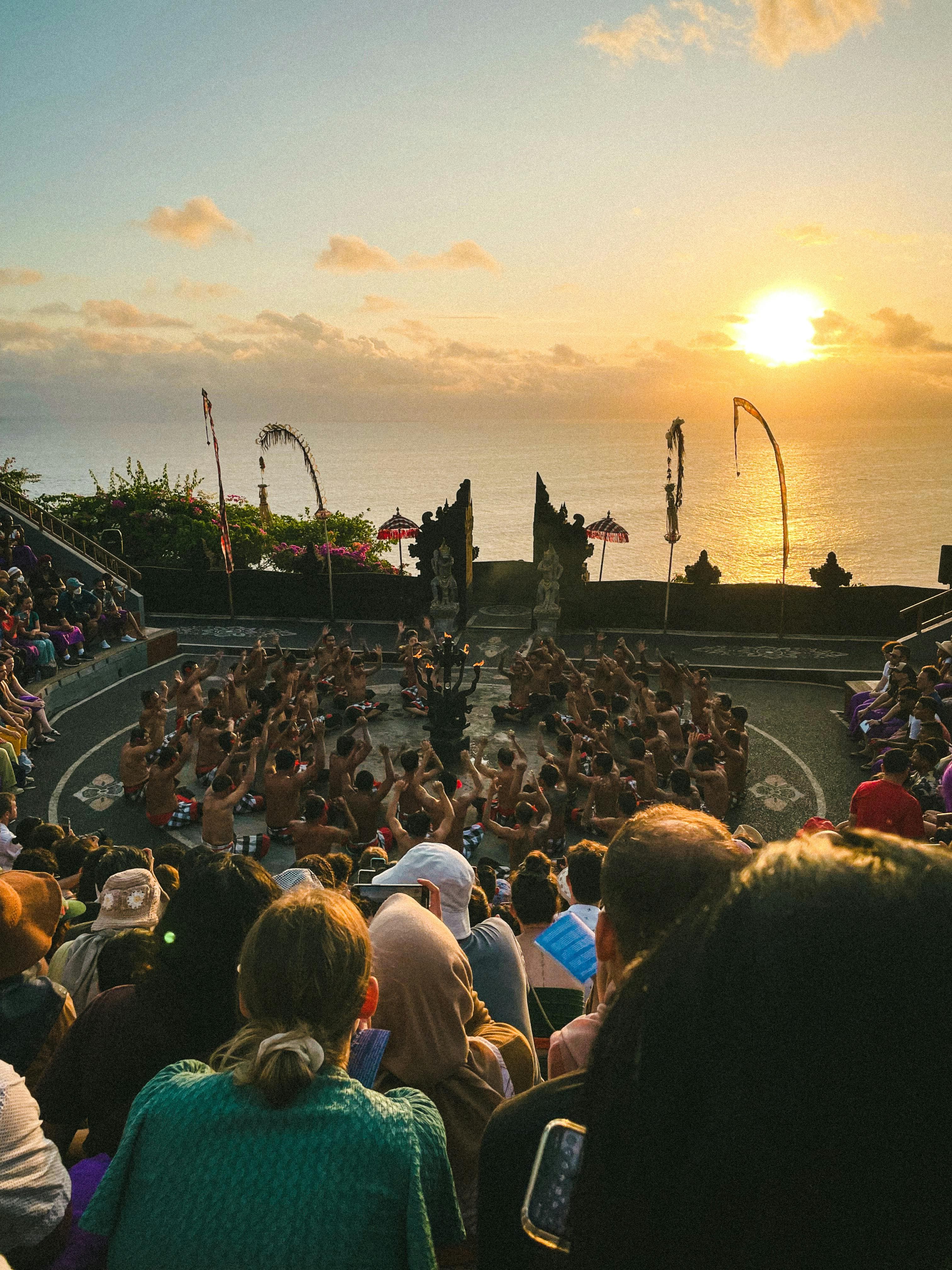 Uluwatu Kecak fire dance sunset Balinese Hindu trance ritual performance